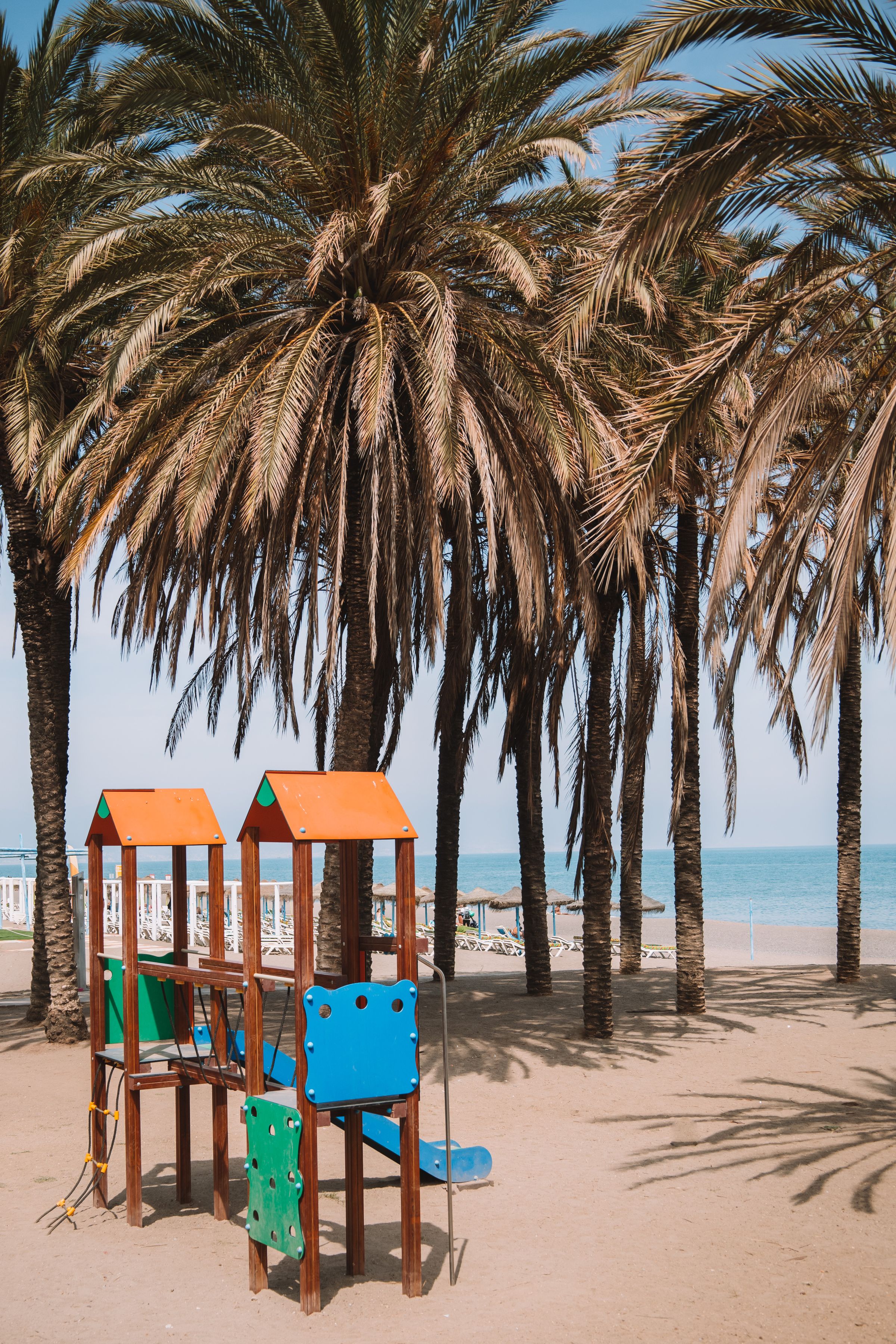 Children's playground with climbing frame and slide beside a palm-lined seafront promenade